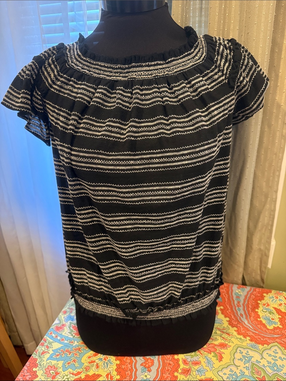 Max Studio Black & White Striped Short Sleeve Peasant Blouse